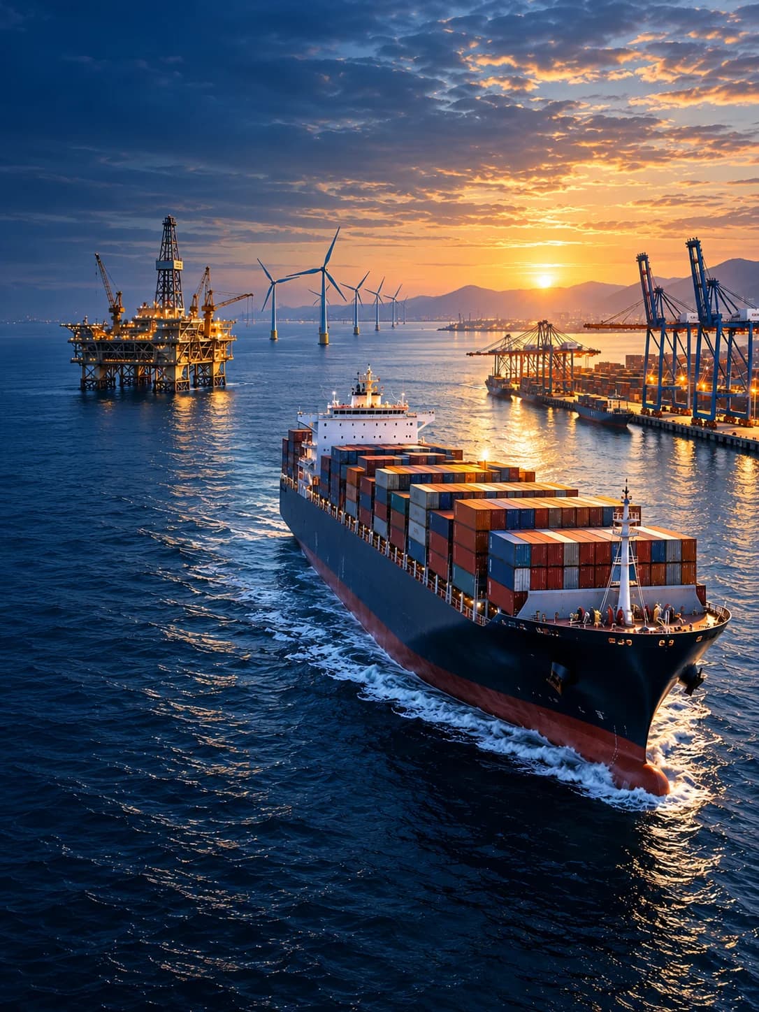 Port cranes and containers, cargo vessel, and offshore oil rig in daylight