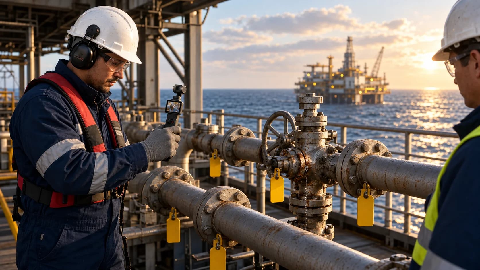 Field worker documenting industrial piping with a handheld gimbal camera on a vessel deck in daylight