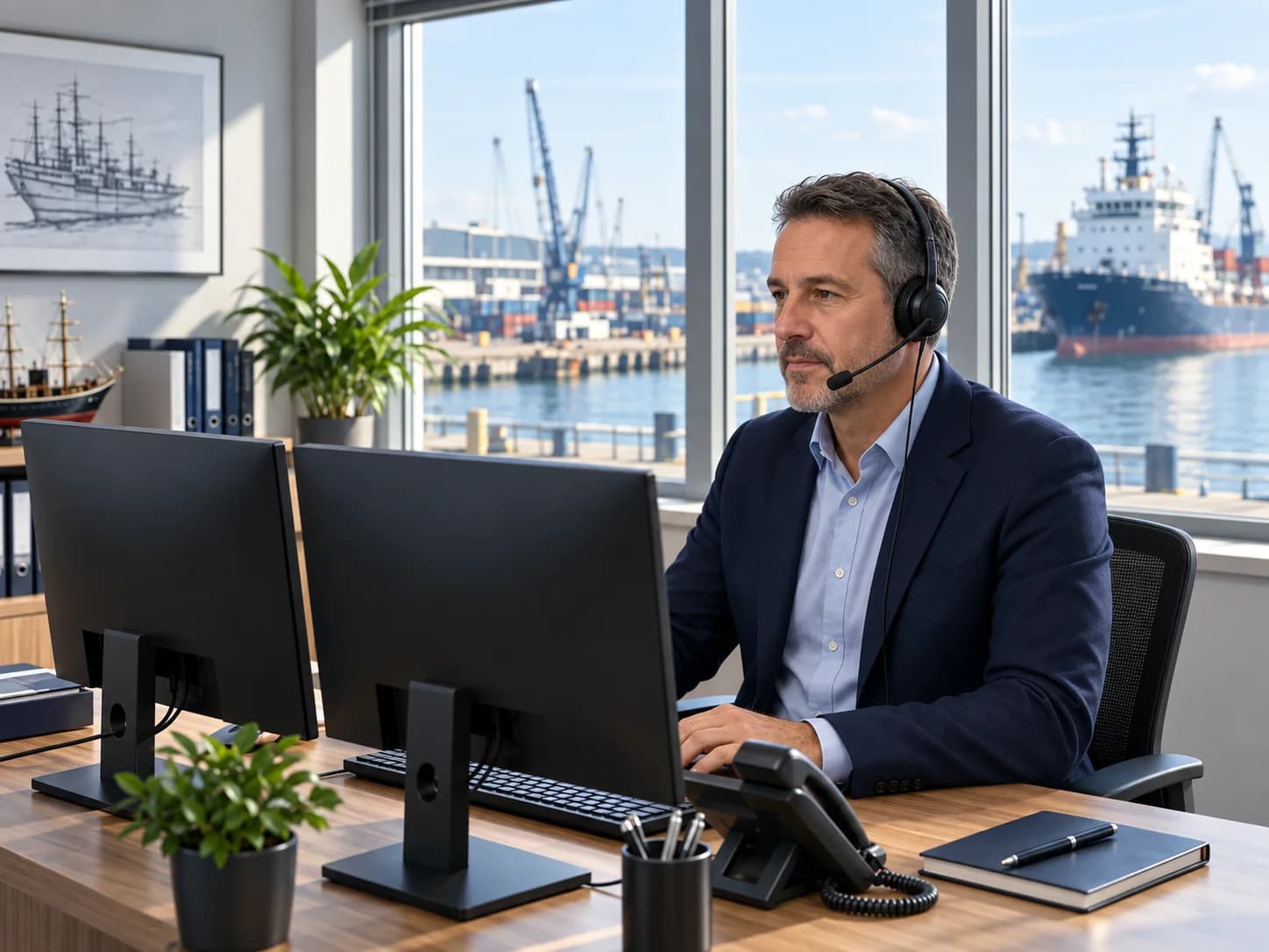 Fleet manager reviewing vessel documents at a desk overlooking a bright harbor