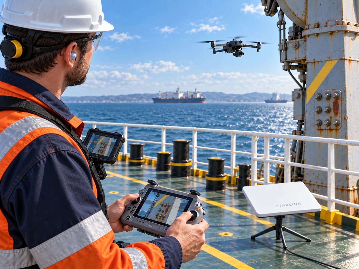 Ship crew collaborating with a remote specialist via tablet on deck in daylight