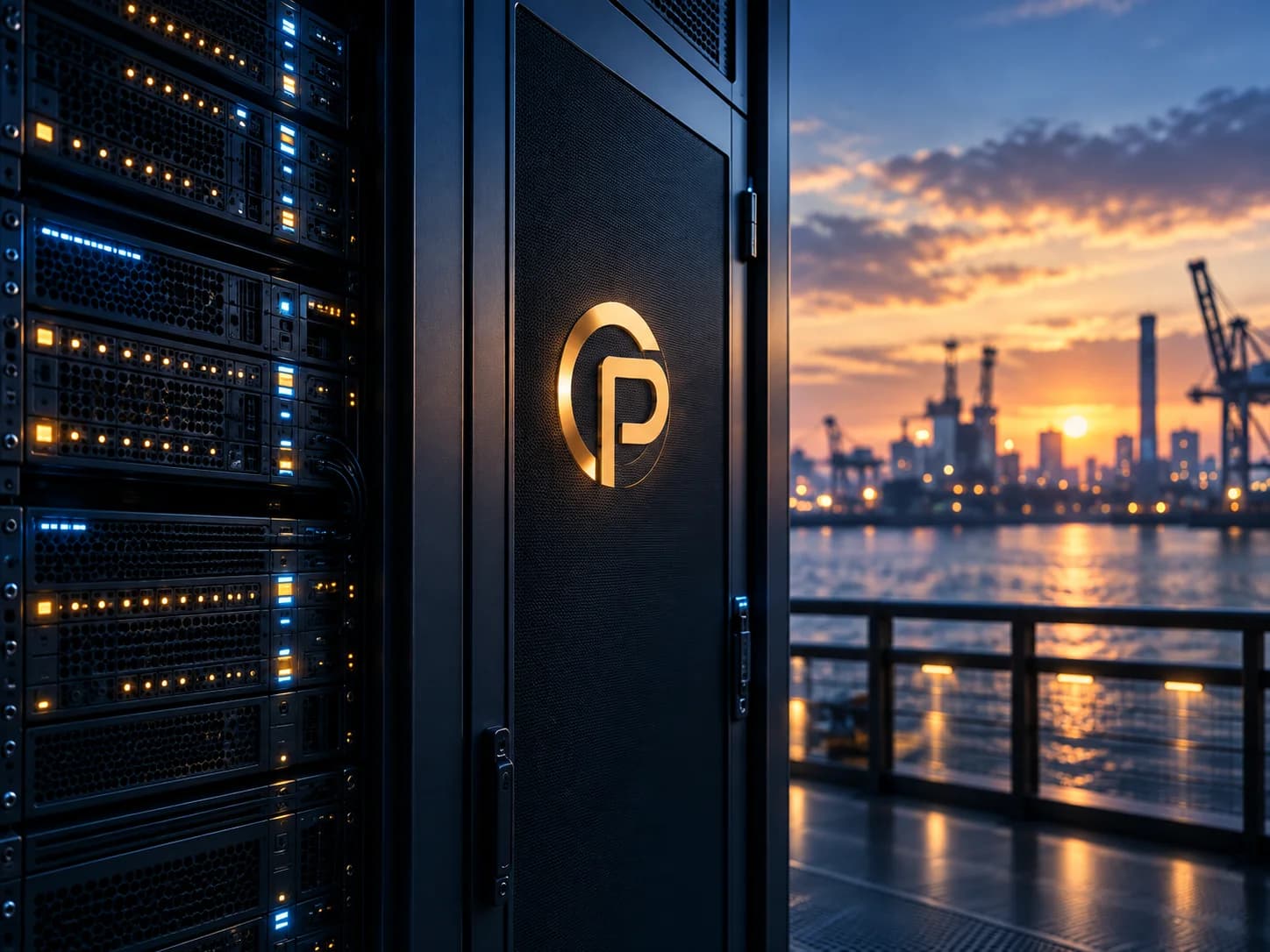 Rows of data-center server racks with soft indicator lights