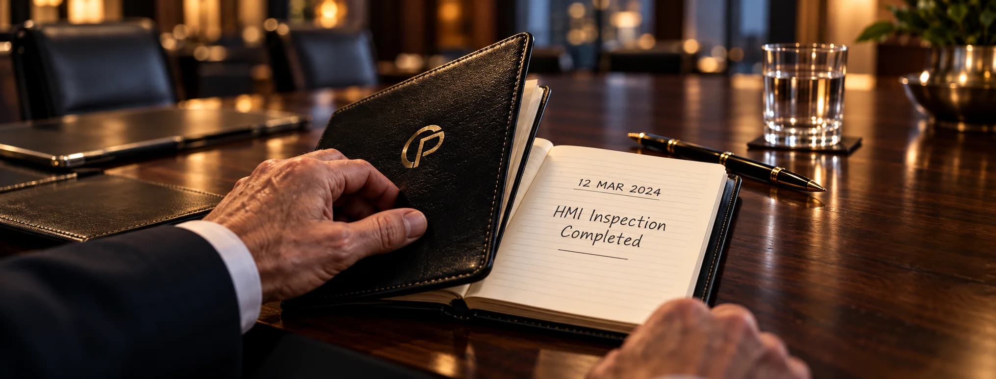 Hands opening a black leather notebook on a wooden desk