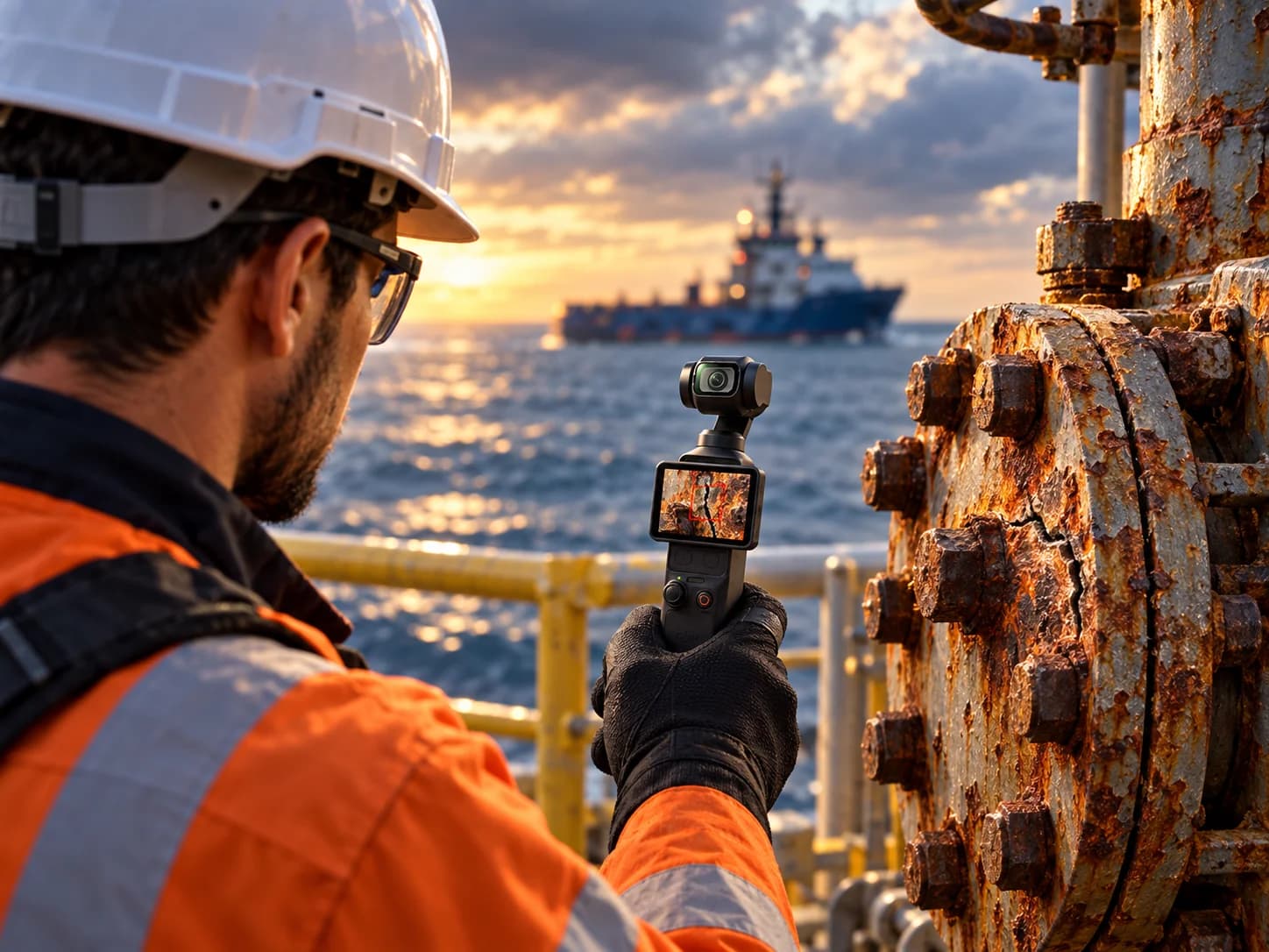 Maritime worker documenting industrial pipes with a handheld device in daylight