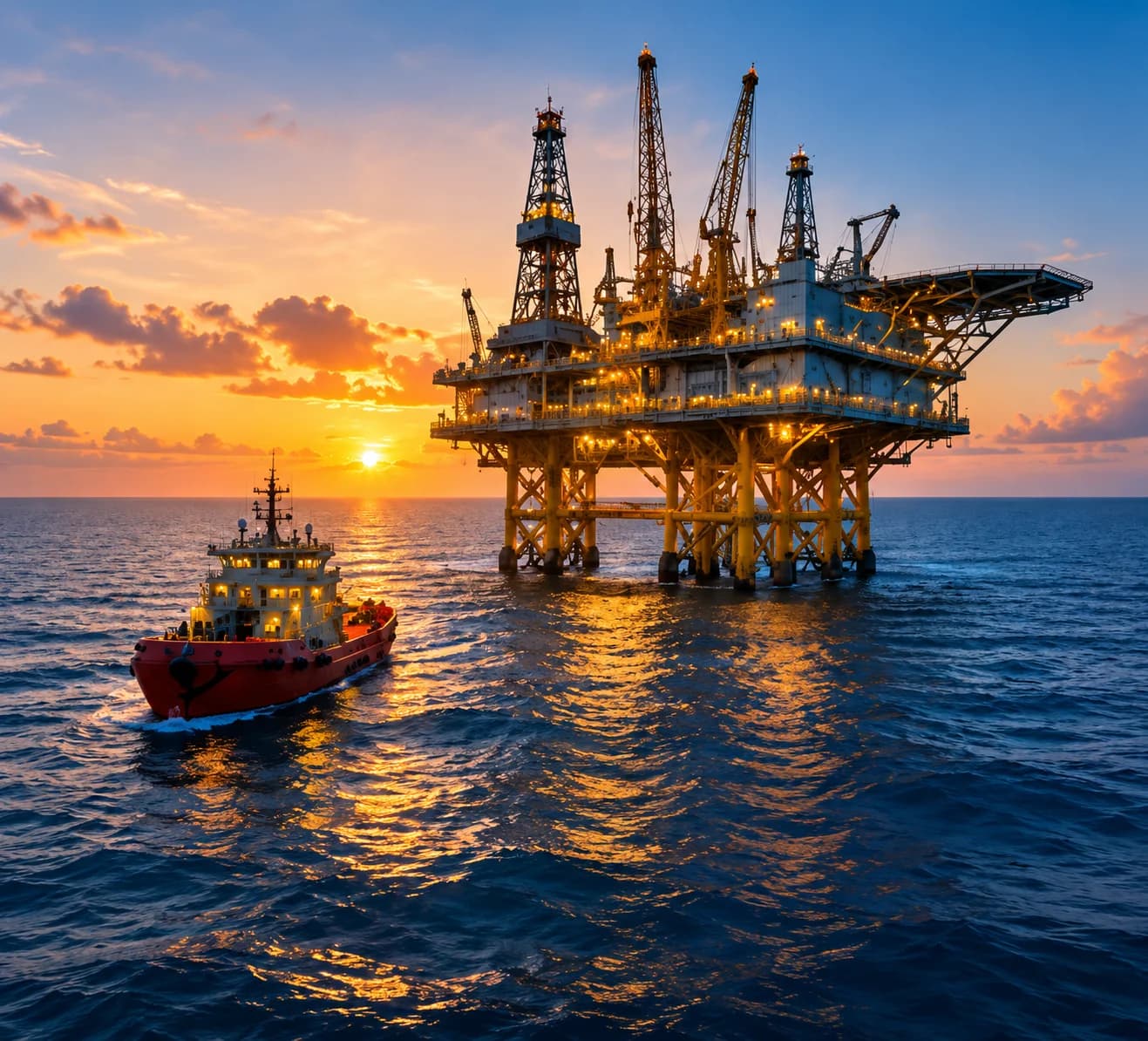 Offshore oil and gas platform in daylight