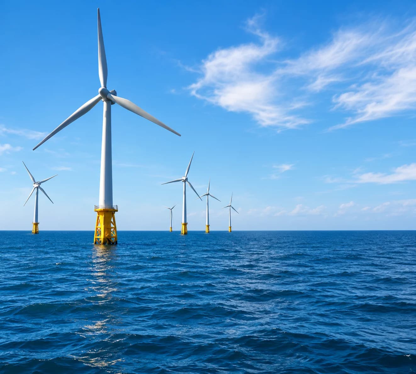 Offshore wind turbines in the ocean under clear daylight