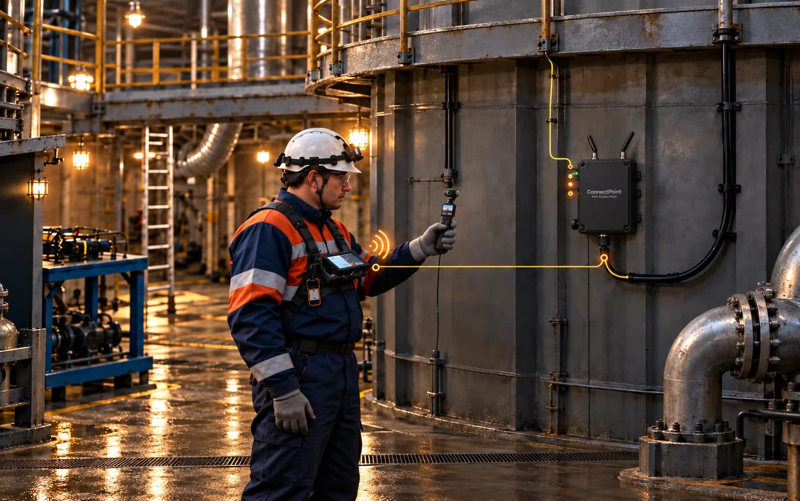 Technician in a confined tank space beside a wall-mounted local connection hub
