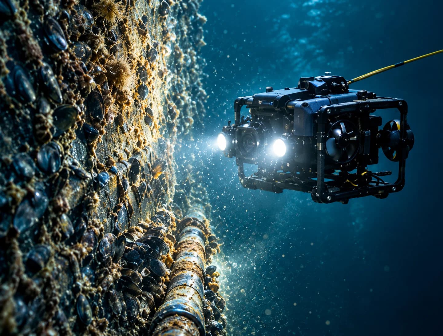 Blue inspection ROV with bright lights examining a ship hull underwater