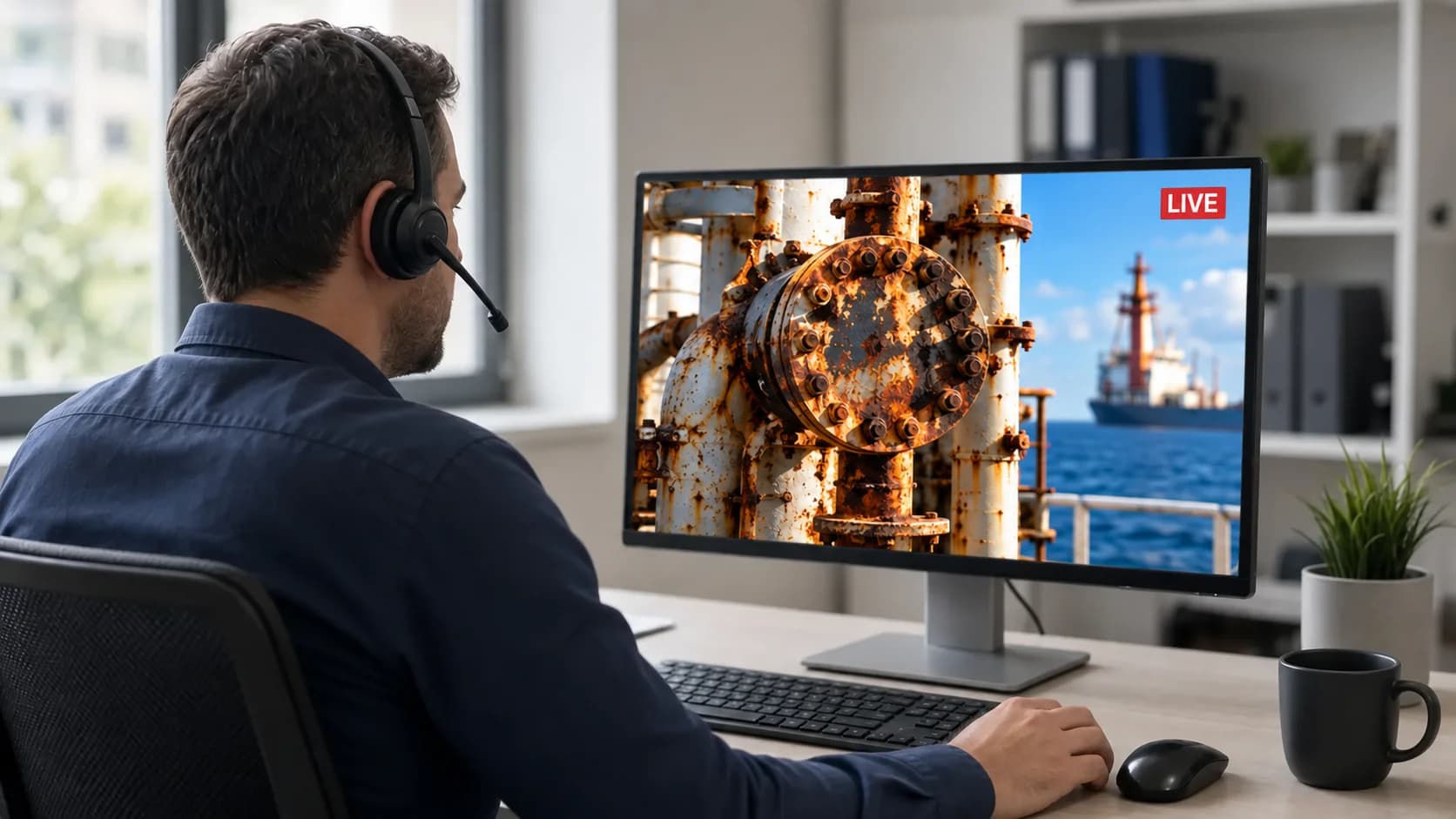 Classification society professional reviewing a technical monitor