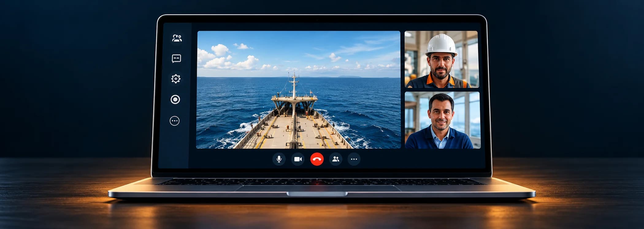 Laptop on a desk with a ship visible through an office window during remote collaboration