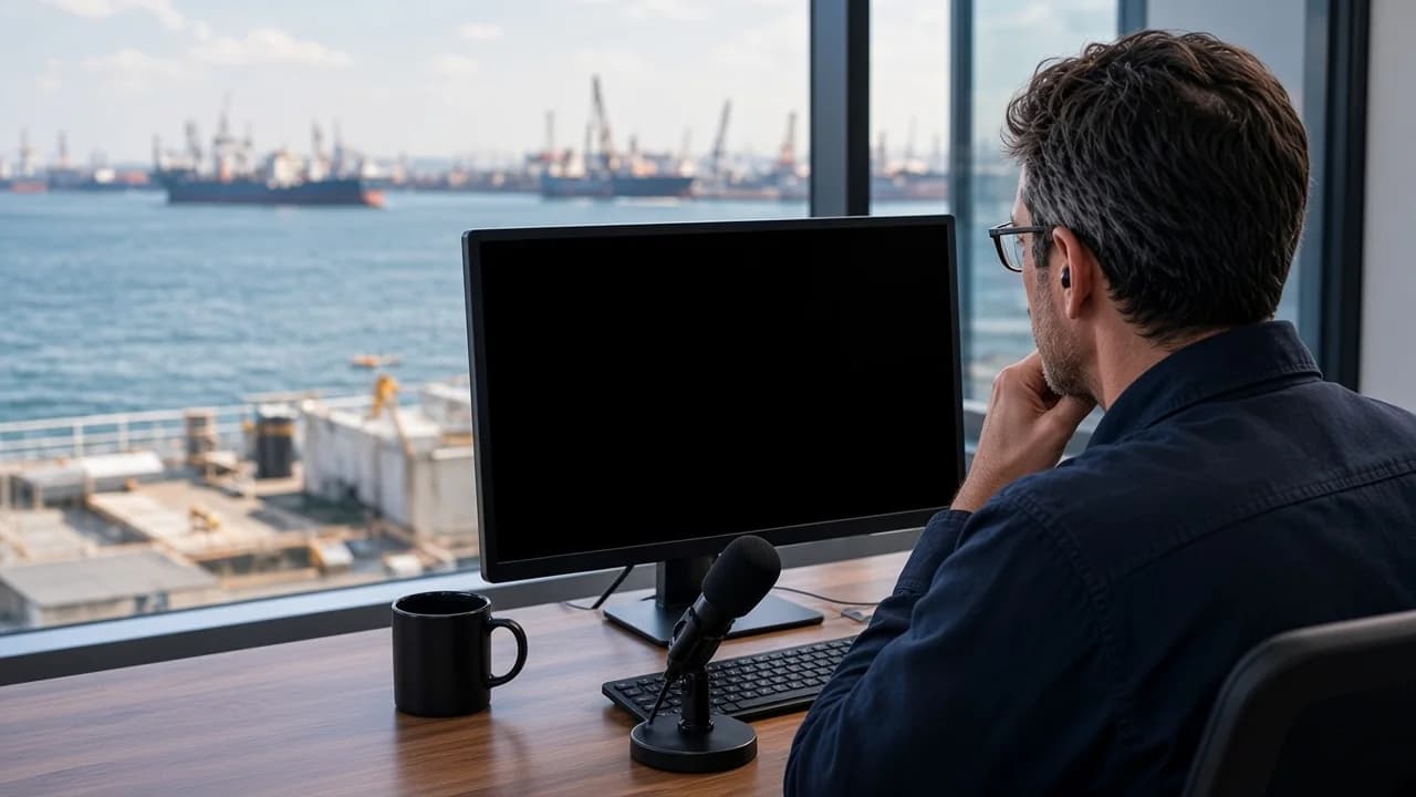 Shore-side expert viewing a monitor in a daylight office overlooking a port