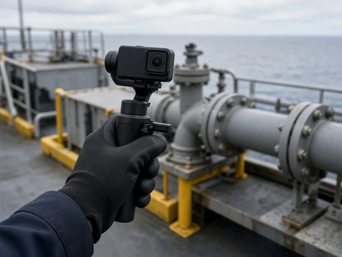 Gloved hand filming deck pipework with a handheld gimbal camera in daylight