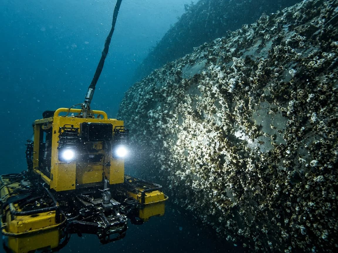 Yellow ROV inspecting a barnacle-covered underwater structure