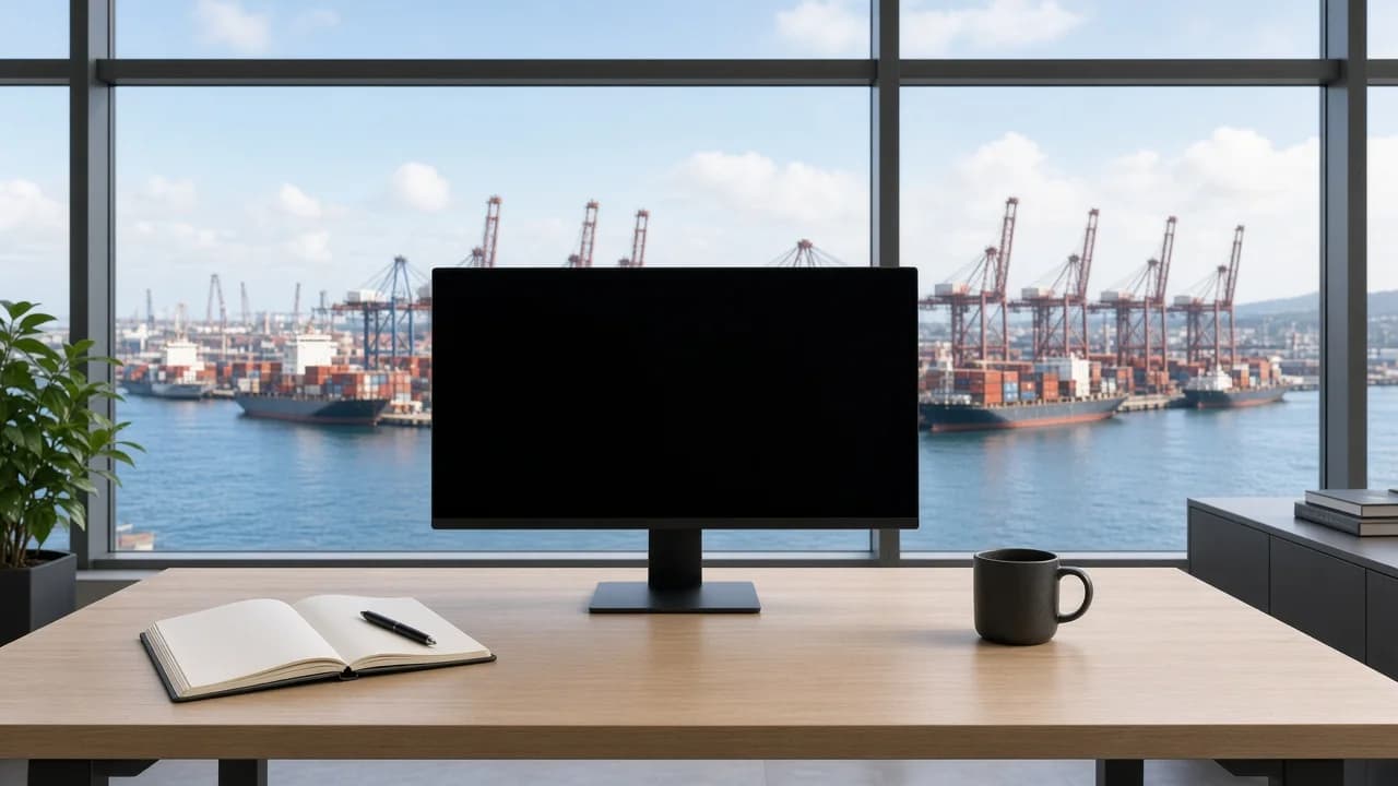 Daylight shore office desk with a blank monitor overlooking a harbor
