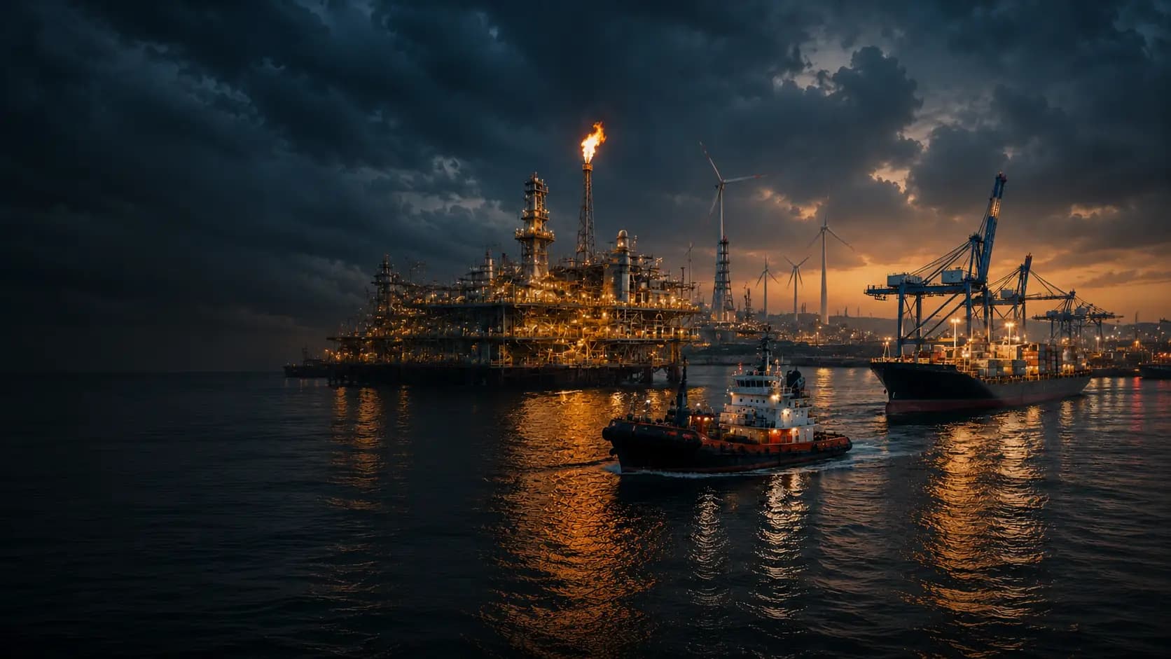 Offshore industrial facility with cranes and rigs