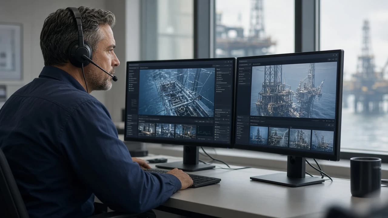 Oil company specialist reviewing synchronized live inspection feeds