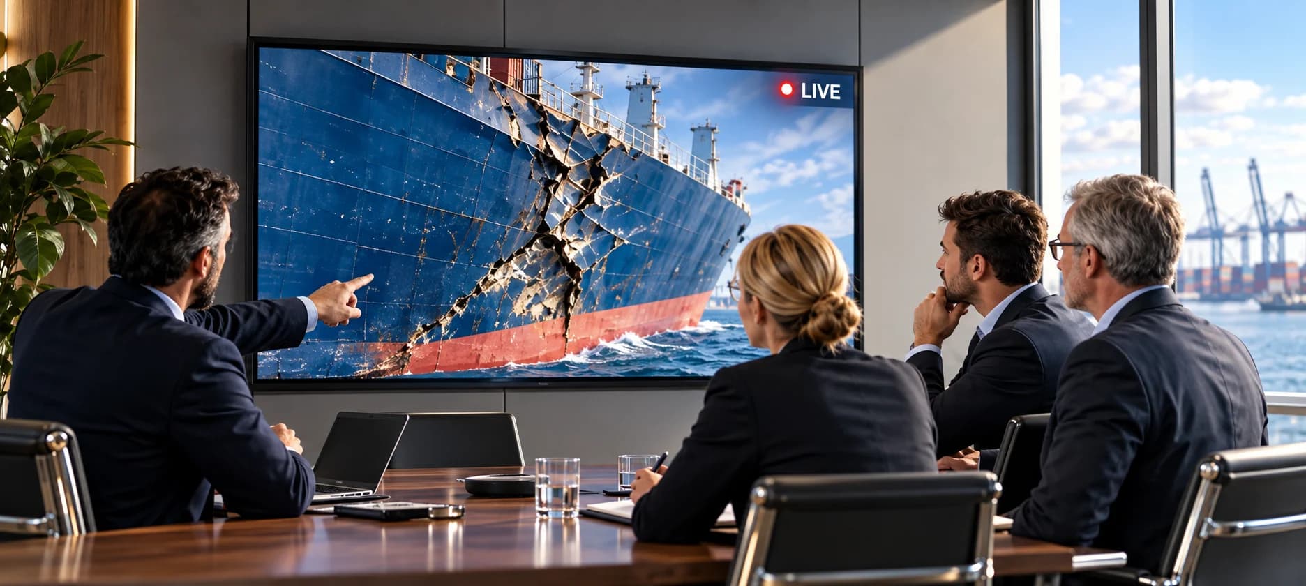 Executives in a bright boardroom watching a large wall-mounted screen