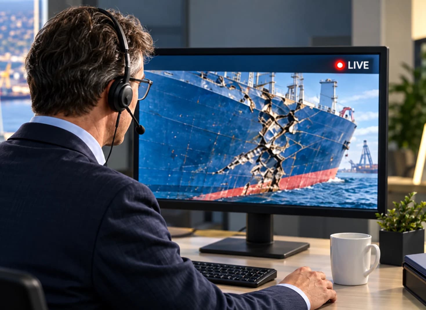 Professional with headset reviewing a desktop monitor in daylight