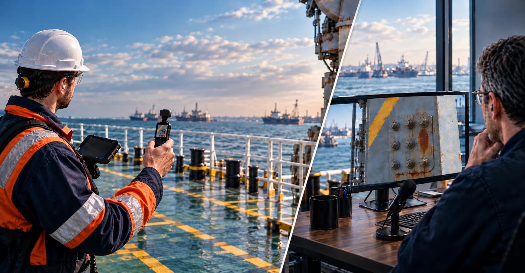 Maritime worker on a ship deck with a handheld gimbal camera and satellite antenna under daylight