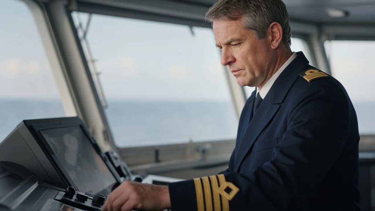 Maritime authority officer on a ship bridge