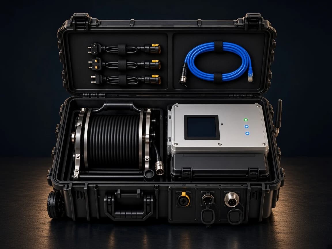 Open ConnectPoint case with closed electronics compartment, hybrid cable reel, and front ports