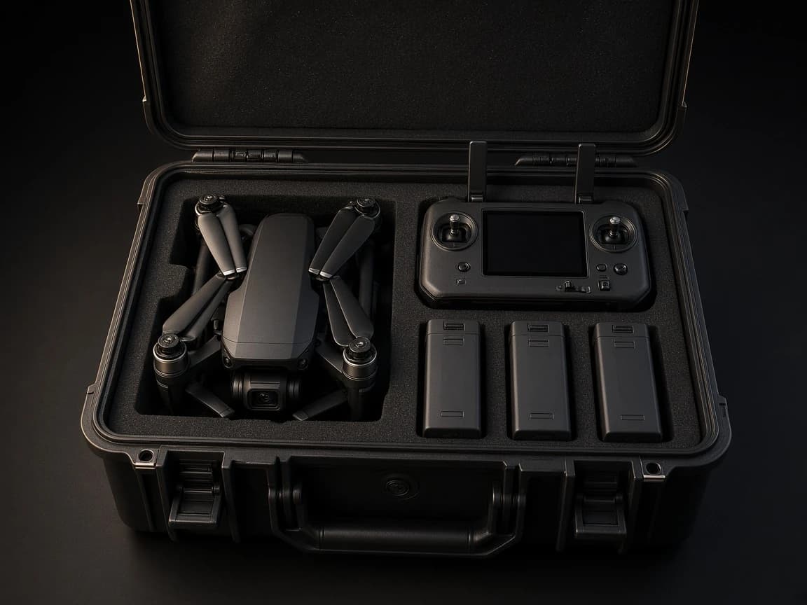 Open rugged case with inspection drone, controller, and batteries