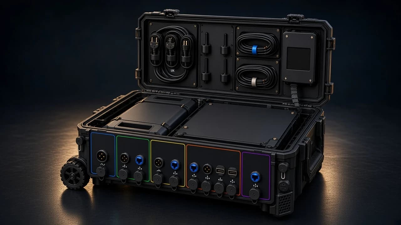 Open rugged ConnectPoint case showing protected interior network and power layout