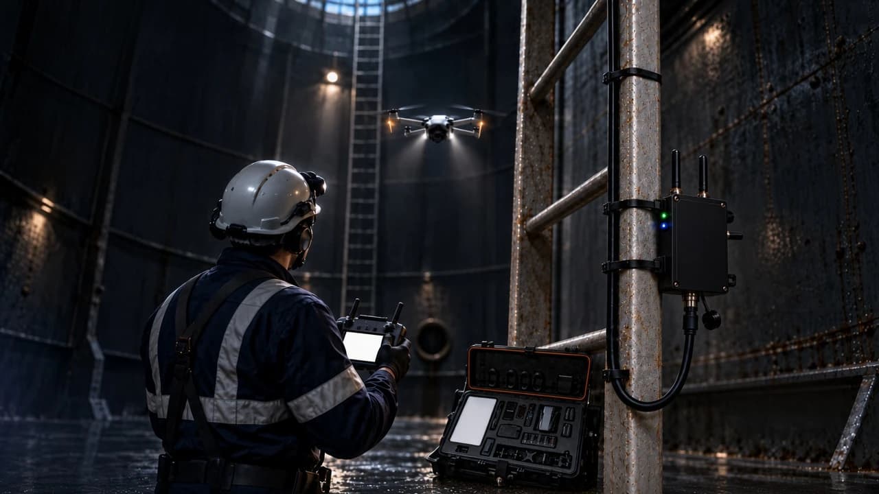Concept scene of a temporary WiFi access point cable-tied to a tank ladder with worker and drone inside a confined vessel