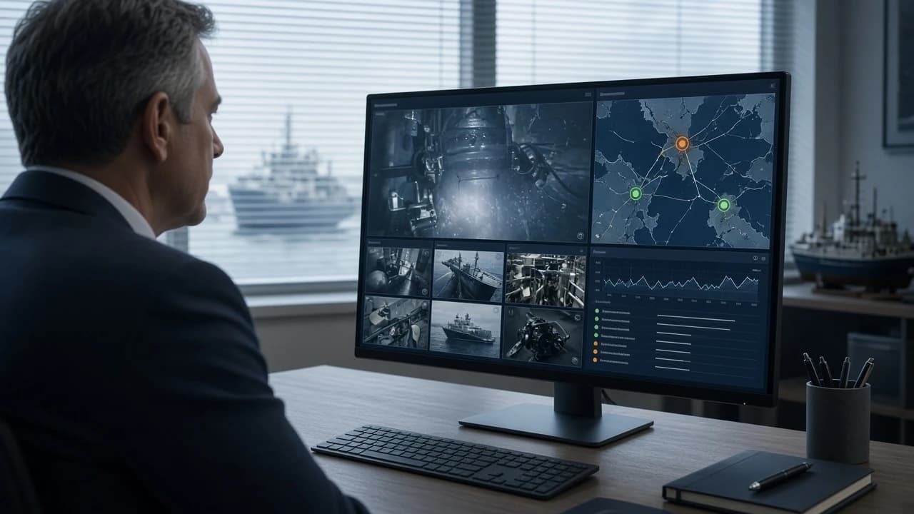 Classification society professional reviewing live offshore inspection video