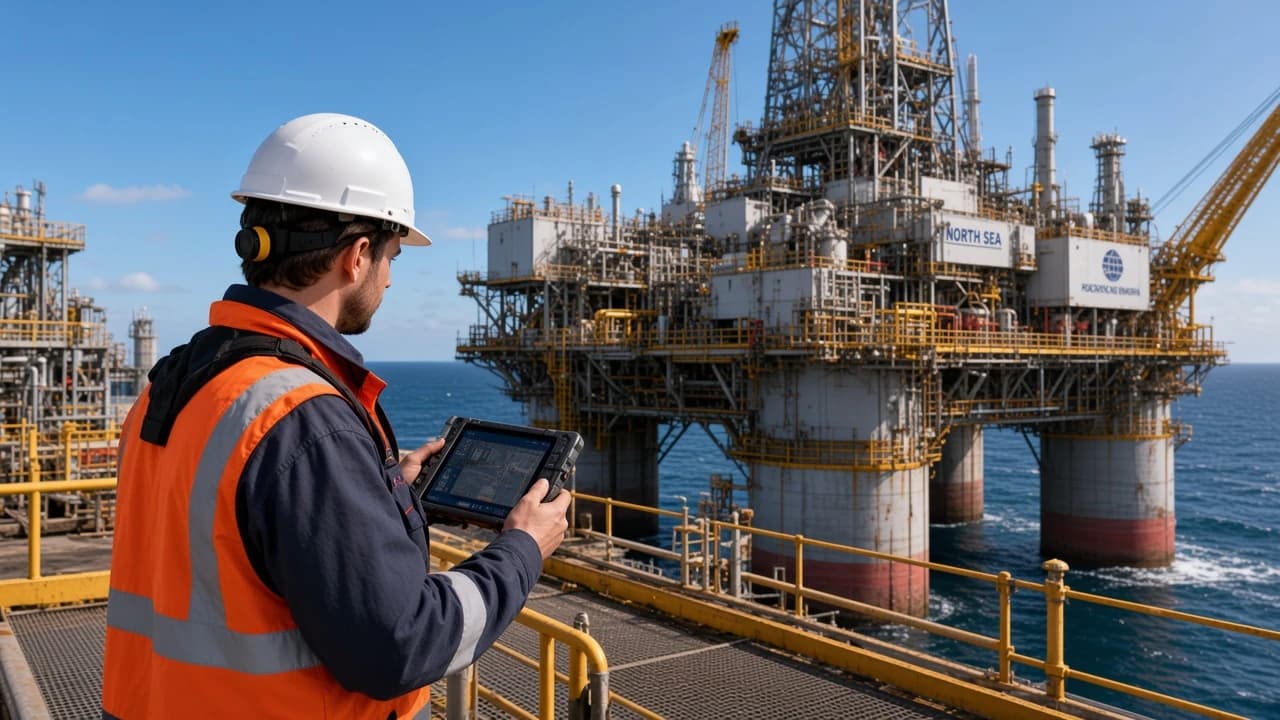 Offshore worker on a rig deck reviewing a tablet during a drone inspection