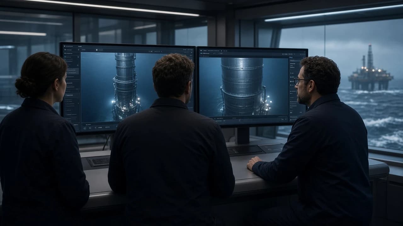 Operations team reviewing live inspection feeds in a control room