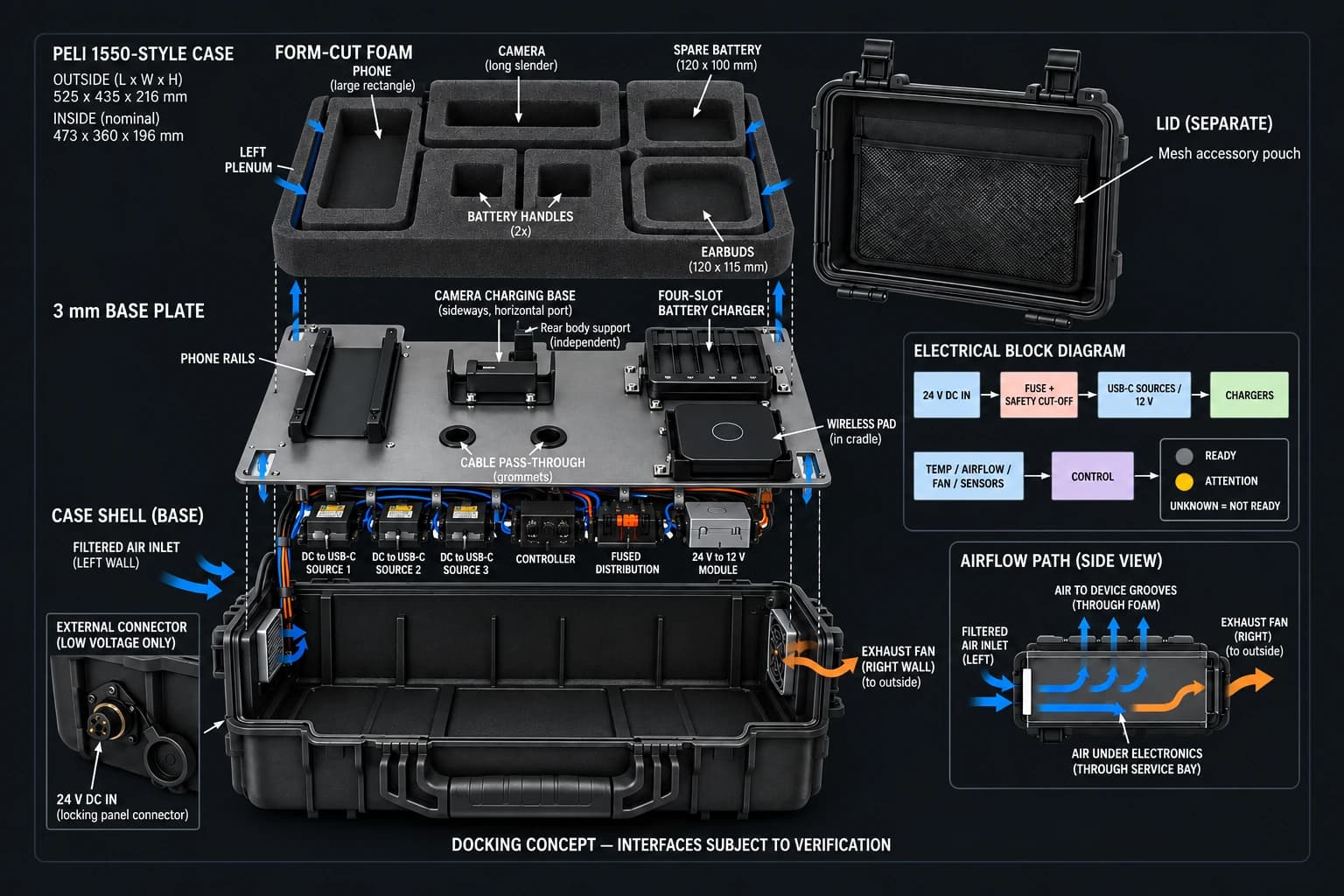 Exploded view of the Peli 1550 docking station showcasing foam cutouts, aluminum plate, and electronics bay