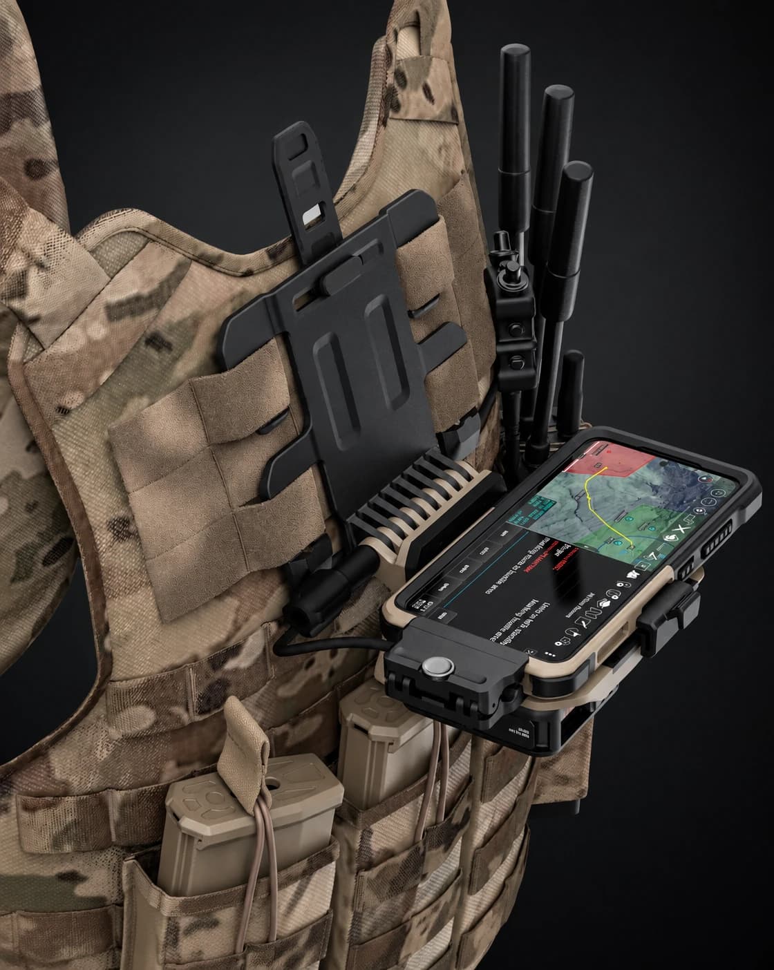 Tactical Molle chest rig with flip-down rugged smartphone mount and multi-band radio antenna array